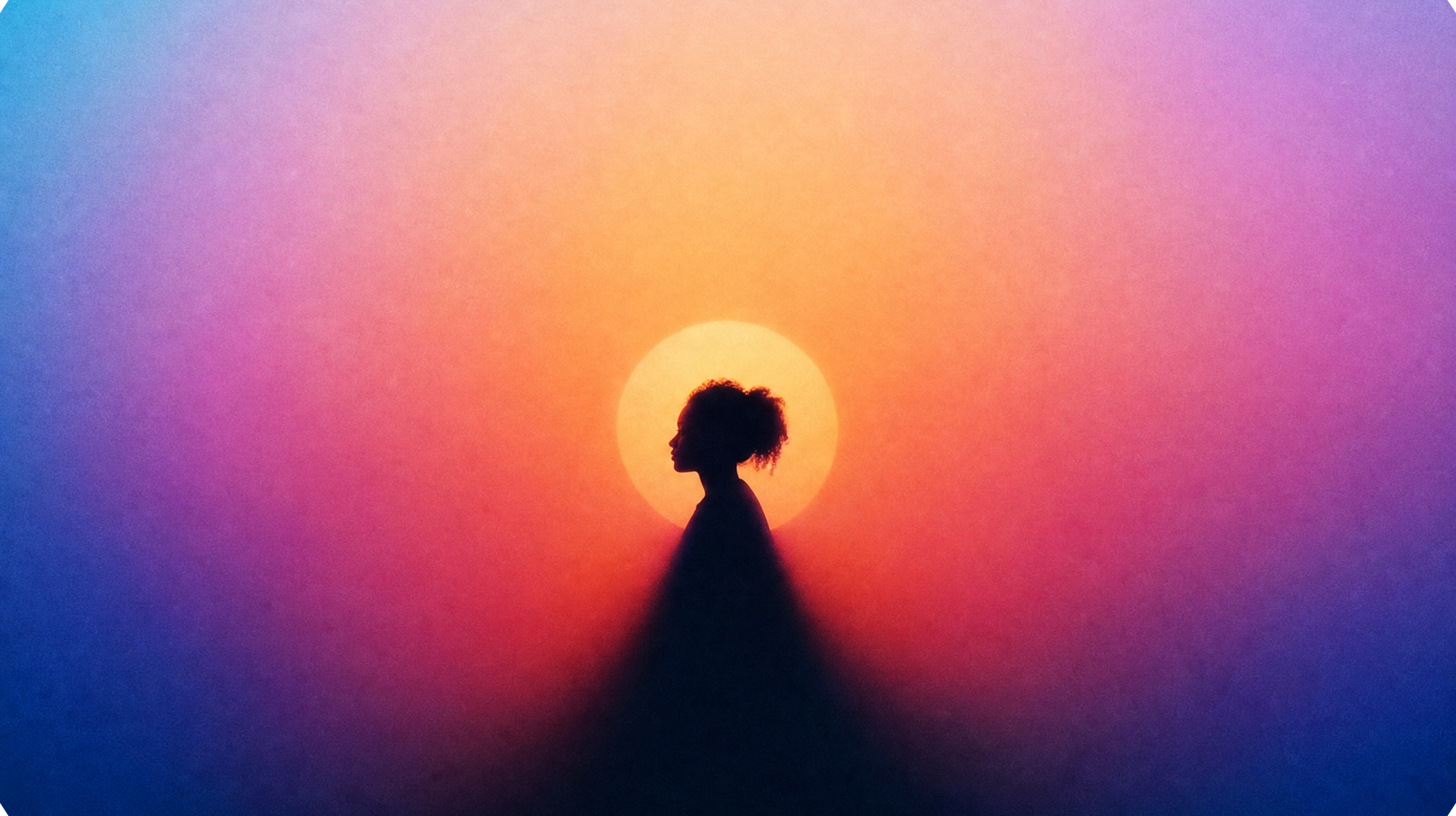 Abstract silhouette of a person against a glowing sun and colourful gradient.